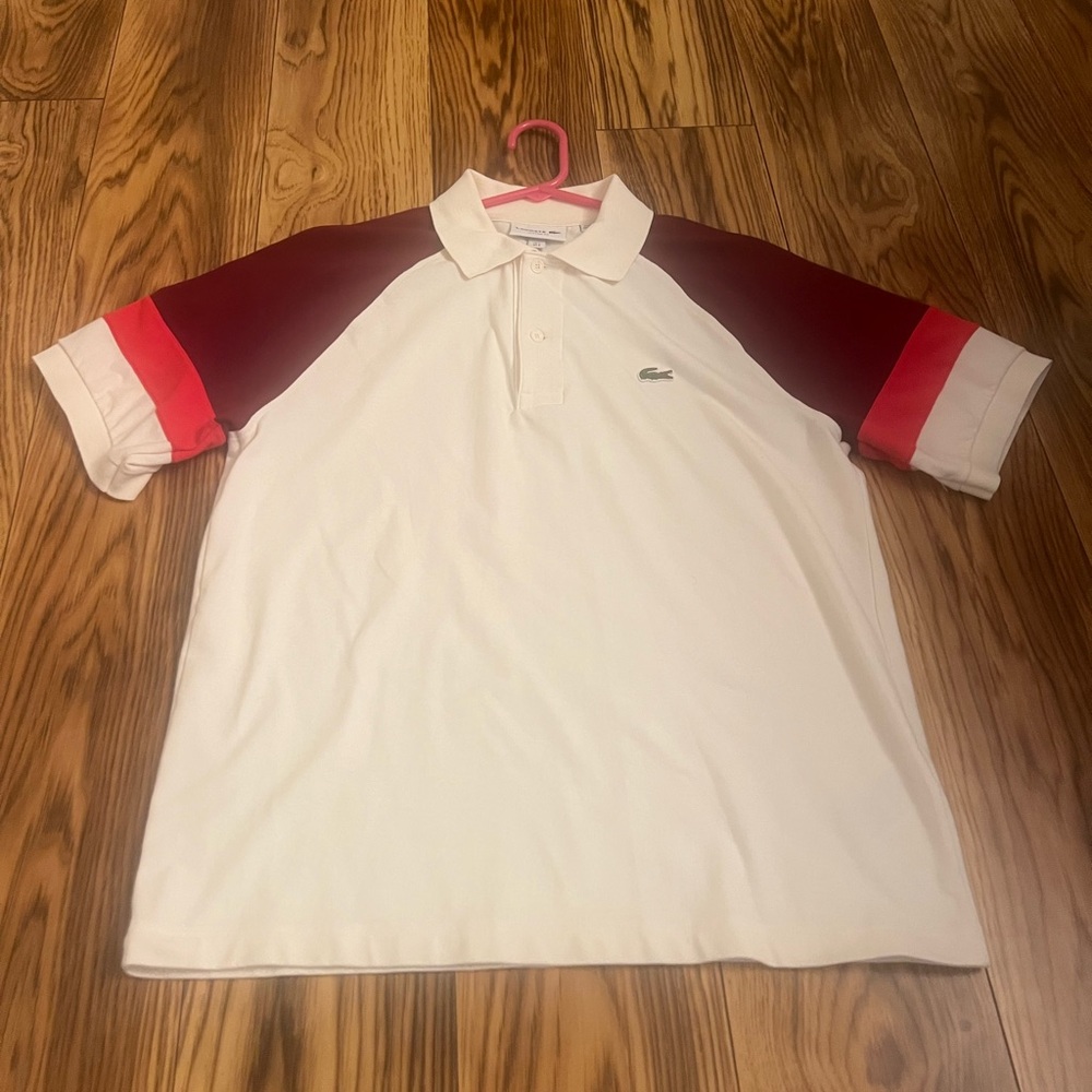 Men’s Lacoste Light Cream Color Polo with Red and Burgundy Sleeves size Small